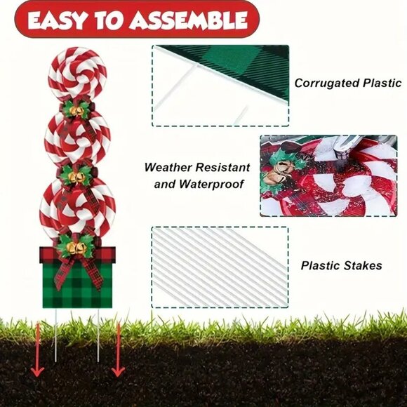 Set of 2 Classic Holiday Festive Christmas Candy Cane and Package Yard Stake Set - Picture 2 of 3